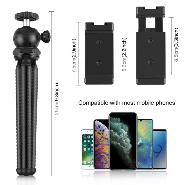 PULUZ Mini Octopus Flexible Tripod Holder with Ball Head & Phone Clamp + Tripod Mount Adapter & Long Screw for SLR Cameras, GoPro, Cellphone, Size: 25cmx4.5cm, 25cm Tripod + Phone Clamp