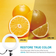 PULUZ 6.2 inch 16cm USB 10 Modes 8 Colors RGBW Dimmable LED Ring Vlogging Photography Video Lights + Round Base Desktop Mount with Cold Shoe Tripod Ball Head