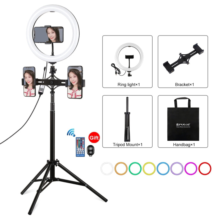 PULUZ 10.2 inch 26cm RGBW Light + 1.65m Tripod Mount + Dual Phone Bracket Curved Surface USB RGBW Dimmable LED Ring Selfie Beauty Vlogging Video Light Live Broadcast Kits with Cold Shoe Tripod Ball Head & Phone Clamp & Remote Control�������������������...