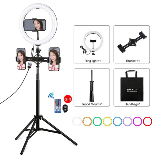 PULUZ 10.2 inch 26cm RGBW Light + 1.65m Tripod Mount + Dual Phone Bracket Curved Surface USB RGBW Dimmable LED Ring Selfie Beauty Vlogging Video Light Live Broadcast Kits with Cold Shoe Tripod Ball Head & Phone Clamp & Remote Control�������������������...
