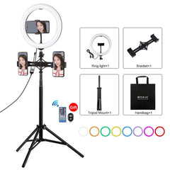 PULUZ 10.2 inch 26cm RGBW Light + 1.65m Tripod Mount + Dual Phone Bracket Curved Surface USB RGBW Dimmable LED Ring Selfie Beauty Vlogging Video Light Live Broadcast Kits with Cold Shoe Tripod Ball Head & Phone Clamp & Remote Control�������������������...