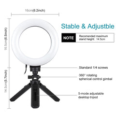 PULUZ 6.2 inch 16cm USB 3 Modes Dimmable LED Ring Vlogging Photography Video Lights + Pocket Tripod Mount Kit with Cold Shoe Tripod Ball Head