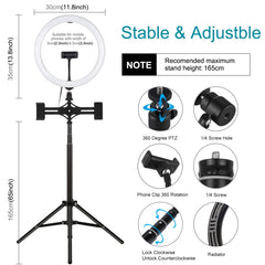 PULUZ 11.8 inch 30cm Light + 1.65m Tripod + Dual Phone Bracket Curved Surface USB 3 Modes Dimmable Dual Color Temperature LED Ring Vlogging Video Light  Live Broadcast Kits with Phone Clamp