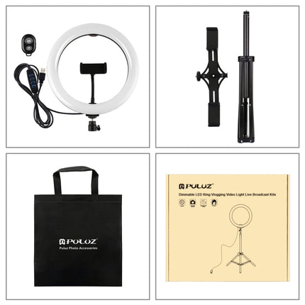 PULUZ 1.65m Tripod Mount + Dual Phone Brackets + 10.2 inch 26cm Curved Surface USB 3 Modes Dimmable Dual Color Temperature Ring Selfie Vlogging Video Light Live Broadcast Kits with Phone Clamp & Selfie Remote Control, 10.2 inch+1.65m Tripod+Dual Bracket