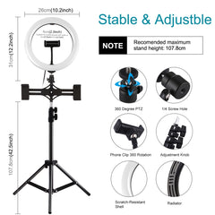 PULUZ 10.2 inch 26cm Light + 1.1m Tripod Mount + Dual Phone Brackets USB 3 Modes Dimmable Dual Color Temperature LED Curved Diffuse Light Ring Vlogging Selfie Photography Video Lights with Phone Clamp & Selfie Remote Control����������������������������...