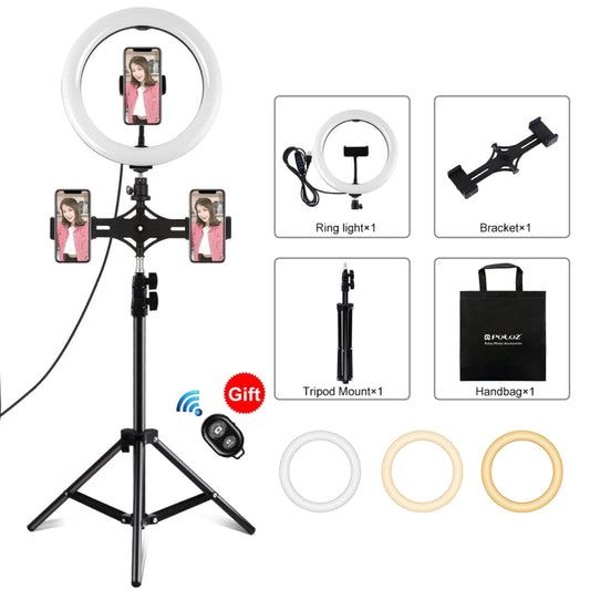 PULUZ 10.2 inch 26cm Light + 1.1m Tripod Mount + Dual Phone Brackets USB 3 Modes Dimmable Dual Color Temperature LED Curved Diffuse Light Ring Vlogging Selfie Photography Video Lights with Phone Clamp & Selfie Remote Control����������������������������...