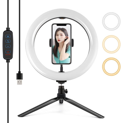 PULUZ 10.2 inch 26cm Selfie Beauty Light + Desktop Tripod Mount USB 3 Modes Dimmable LED Ring Vlogging Selfie Photography Video Lights with Cold Shoe Tripod Ball Head & Phone Clamp, Tripod Mount + 10.2 inch