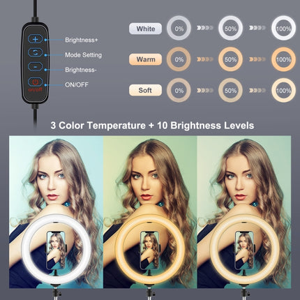 PULUZ 10.2 inch 26cm Light + Desktop Tripod Mount USB 3 Modes Dimmable Dual Color Temperature LED Curved Diffuse Light Ring Vlogging Selfie Photography Video Lights with Phone Clamp, 10.2 inch Curved+Tripod