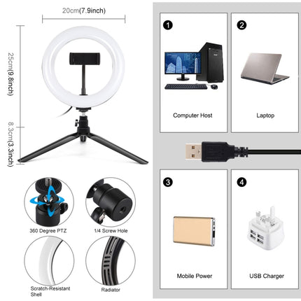 PULUZ 7.9 inch 20cm Light + Desktop Tripod Mount USB 3 Modes Dimmable Dual Color Temperature LED Curved Light Ring Vlogging Selfie Beauty Photography Video Lights with Phone Clamp, 7.9 inch+Tripod