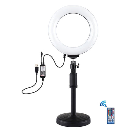PULUZ 6.2 inch 16cm RGBW Light + Round Base Desktop Holder USB Dimmable LED Ring Vlogging Photography Video Lights with Cold Shoe Tripod Ball Head & Remote Control, Desktop Mount + 6.2 inch RGBW / Remote