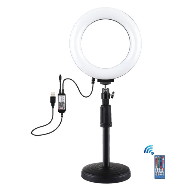 PULUZ 6.2 inch 16cm RGBW Light + Round Base Desktop Holder USB Dimmable LED Ring Vlogging Photography Video Lights with Cold Shoe Tripod Ball Head & Remote Control, Desktop Mount + 6.2 inch RGBW / Remote