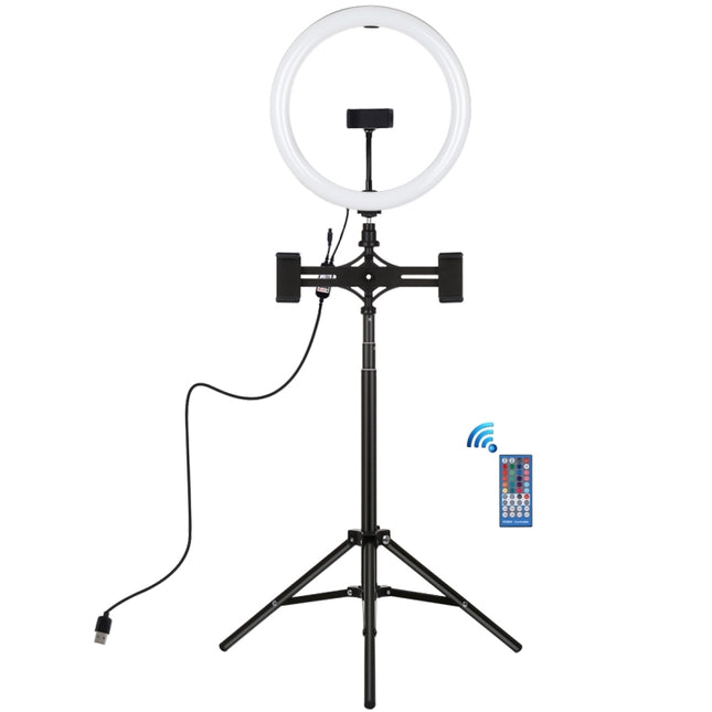 PULUZ 11.8 inch 30cm RGBW Light + 1.65m Mount + Dual Phone Brackets Curved Surface RGBW Dimmable LED Ring Selfie Vlogging Light  Live Broadcast Kits with Cold Shoe Tripod Adapter & Phone Clamp & Remote Control, 11.8 inch RGBW+1.65m Tripod+Dual Bracket