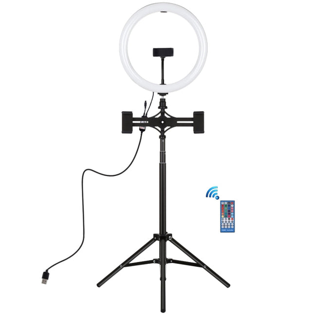 PULUZ 11.8 inch 30cm RGBW Light + 1.65m Mount + Dual Phone Brackets Curved Surface RGBW Dimmable LED Ring Selfie Vlogging Light  Live Broadcast Kits with Cold Shoe Tripod Adapter & Phone Clamp & Remote Control, 11.8 inch RGBW+1.65m Tripod+Dual Bracket
