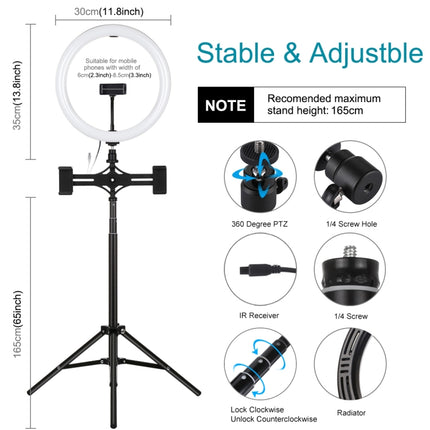 PULUZ 11.8 inch 30cm RGBW Light + 1.65m Mount + Dual Phone Brackets Curved Surface RGBW Dimmable LED Ring Selfie Vlogging Light  Live Broadcast Kits with Cold Shoe Tripod Adapter & Phone Clamp & Remote Control, 11.8 inch RGBW+1.65m Tripod+Dual Bracket