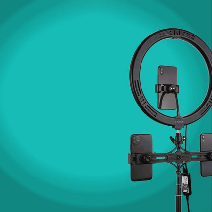 PULUZ 11.8 inch 30cm RGBW Light + 1.65m Mount + Dual Phone Brackets Curved Surface RGBW Dimmable LED Ring Selfie Vlogging Light  Live Broadcast Kits with Cold Shoe Tripod Adapter & Phone Clamp & Remote Control, 11.8 inch RGBW+1.65m Tripod+Dual Bracket