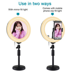PULUZ 7.9 inch 20cm Mirror Light + Round Base Desktop Mount 3 Modes Dimmable Dual Color Temperature LED Curved Light Ring Vlogging Selfie Photography Video Lights with Phone Clamp