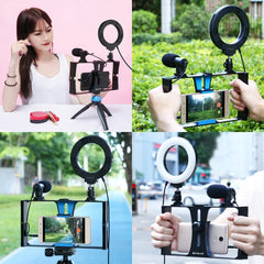 PULUZ 4 in 1 Vlogging Live Broadcast Smartphone Video Rig + 4.7 inch 12cm RGBW Ring LED Selfie Light + Microphone + Pocket Tripod Mount Kits with Cold Shoe Tripod Head, 4-in-1, 4-in-1 RGBW Ring LED