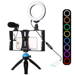 PULUZ 4 in 1 Vlogging Live Broadcast Smartphone Video Rig + 4.7 inch 12cm RGBW Ring LED Selfie Light + Microphone + Pocket Tripod Mount Kits with Cold Shoe Tripod Head, 4-in-1, 4-in-1 RGBW Ring LED