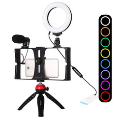 PULUZ 4 in 1 Vlogging Live Broadcast Smartphone Video Rig + 4.7 inch 12cm RGBW Ring LED Selfie Light + Microphone + Pocket Tripod Mount Kits with Cold Shoe Tripod Head, 4-in-1, 4-in-1 RGBW Ring LED