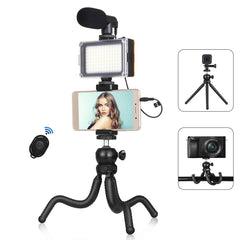 PULUZ  4 in 1 Vlogging Live Mini Octopus Bracket Kit + Studio Light + Microphone + Phone Clamp Kits, 4 in 1 Tripod