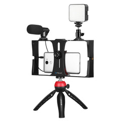 PULUZ 4 in 1 Vlogging Live Broadcast LED Selfie Fill Light Smartphone Video Rig Kits with Microphone + Tripod Mount + Cold Shoe Tripod Head for iPhone, Galaxy, Huawei, Xiaomi, HTC, LG, Google, and Other Smartphones