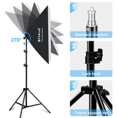 PULUZ Softbox Lighting Kit 2 PCS 50x70cm Professional Photo Studio Photography Light Equipment with 8 x E27 20W E27 Socket Bulb Photography Lighting Kit for Filming Portrait Shooting / Fashion Advertising Photography, 2 PCS 4 x Bulb Kit EU Plug