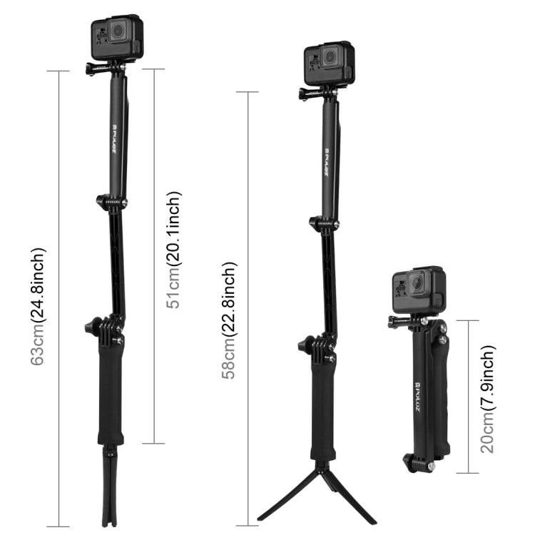 PULUZ 3-Way Grip Foldable Tripod Selfie-stick Extension Monopod for GoPro, Insta360 ONE R, DJI Osmo Action and Other Action Cameras, Length: 20-58cm