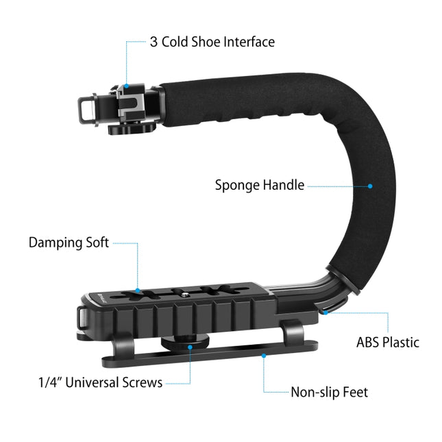 PULUZ U/C Shape 3-Head Cold Shoes Portable Handheld DV Bracket Stabilizer for All SLR Cameras and Home DV Camera, C-Shaped Bracket