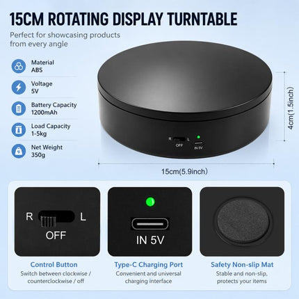 PULUZ 15cm Electric Rotating Display Turntable, 360 Degree Clockwise / Counterclockwise Props Turntable for Photography, Load 1-5kg, 15cm