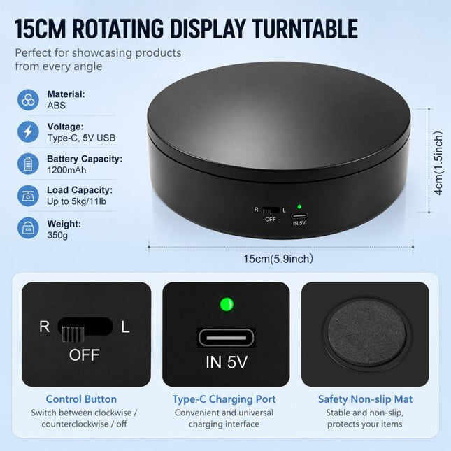 PULUZ 15cm Electric Rotating Display Turntable, 360 Degree Clockwise / Counterclockwise Props Turntable for Photography, Load 1-5kg, 15cm