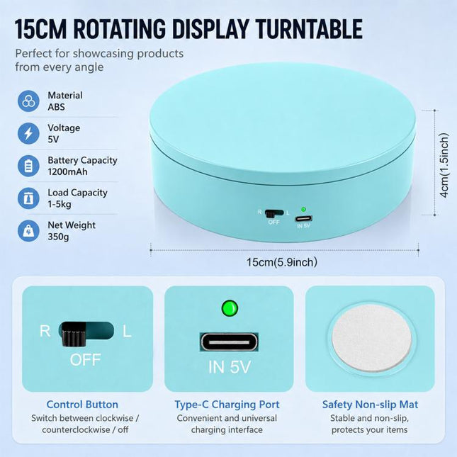 PULUZ 15cm Electric Rotating Display Turntable, 360 Degree Clockwise / Counterclockwise Props Turntable for Photography, Load 1-5kg, 15cm