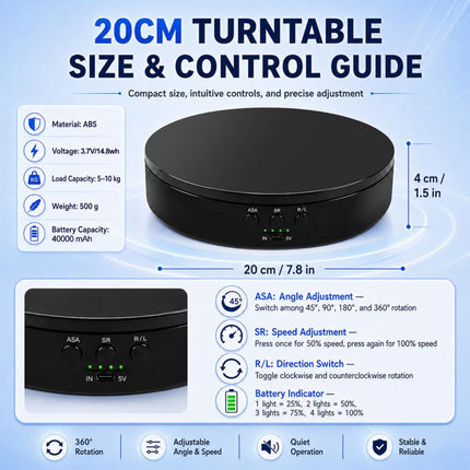 PULUZ 20cm Electric 360 Degree Rotating Display Stand Turntable, Speed / Angle / Direction Adjustable, Load 5-10kg, 20cm
