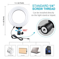 PULUZ 4.7 inch 12cm USB 3 Modes Dimmable LED Ring Selfie Beauty Vlogging Photography Video Lights with Tripod Ball Head