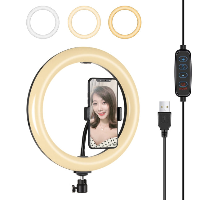PULUZ 10.2 inch 26cm USB 3 Modes Dimmable LED Ring Vlogging Selfie Beauty Photography Video Lights with Tripod Ball Head & Phone Clamp, 10.2 inch