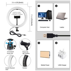 PULUZ 10.2 inch 26cm USB 10 Modes 8 Colors RGBW Dimmable LED Ring Vlogging Photography Video Lights with Cold Shoe Tripod Ball Head & Phone Clamp