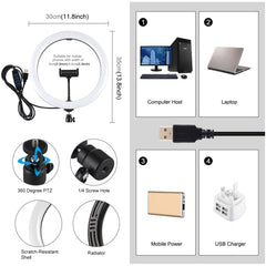 PULUZ 11.8 inch 30cm USB 3 Modes Dimmable Dual Color Temperature LED Curved Diffuse Light Ring Vlogging Selfie Photography Video Lights with Phone Clamp