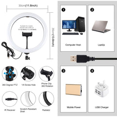 PULUZ 11.8 inch 30cm RGB Dimmable LED Dual Color Temperature LED Curved Diffuse Light Ring Vlogging Selfie Photography Video Lights with  Tripod Ball Head & Phone Clamp & Remote Control, 11.8 inch RGBW