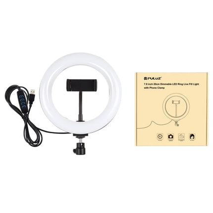 PULUZ 7.9 inch 20cm USB 3 Modes Dimmable Dual Color Temperature LED Curved Light Ring Vlogging Selfie Photography Video Lights with Phone Clamp, 7.9 inch