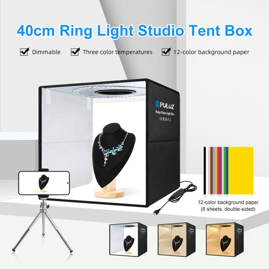 PULUZ 40cm Folding Portable Ring Light USB Photo Lighting Studio Shooting Tent Box with 6 x Dual-side Color Backdrops, Size: 40cm x 40cm x 40cm