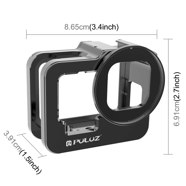 PULUZ for GoPro HERO12 Black /11 Black /10 Black /9 Black Thicken Housing Shell CNC Aluminum Alloy Protective Cage with Insurance Frame & 52mm UV Lens