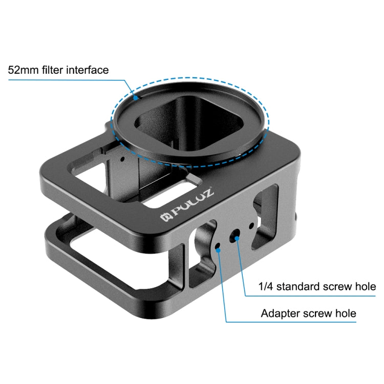 PULUZ for GoPro HERO12 Black /11 Black /10 Black /9 Black Thicken Housing Shell CNC Aluminum Alloy Protective Cage with Insurance Frame & 52mm UV Lens