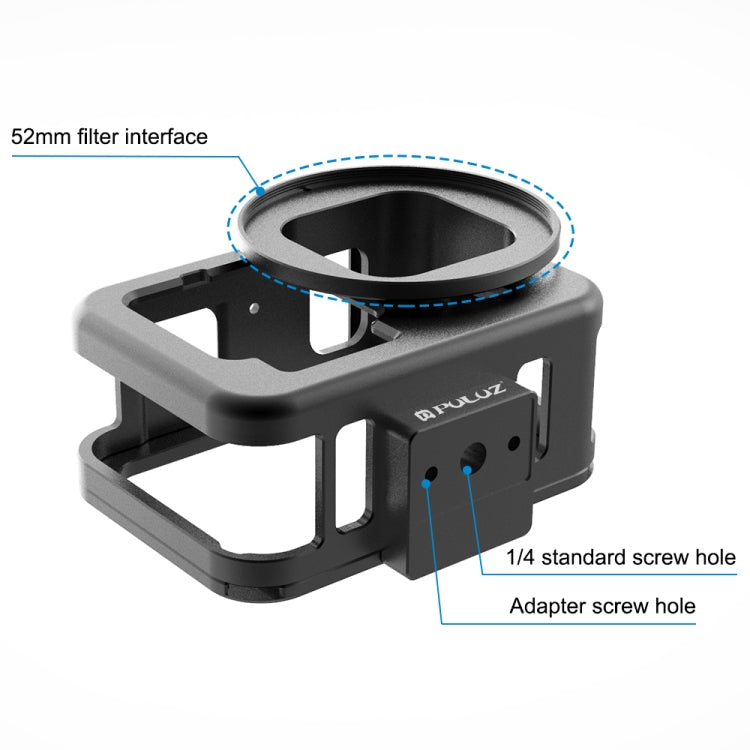 For GoPro HERO13 Black /12 Black /11 Black /10 Black /9 Black PULUZ Thin Housing Shell CNC Aluminum Alloy Protective Cage with Insurance Frame & 52mm UV Lens