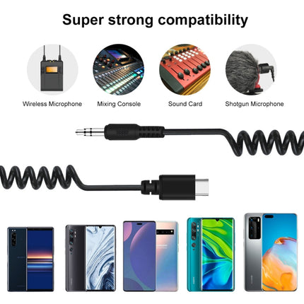 PULUZ 3.5mm TRRS Male to Type-C / USB-C Male Live Microphone Audio Adapter Spring Coiled Cable for Samsung, Huawei and Smartphones, Cable Stretching to 100cm, 3.5mm Male to Type-C