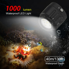 PULUZ 40m Underwater LED Photography Fill Light 1000LM 3.7V/1100mAh Diving Light for GoPro, Insta360, DJI and Other Action Cameras, 3.7V/1100mAh