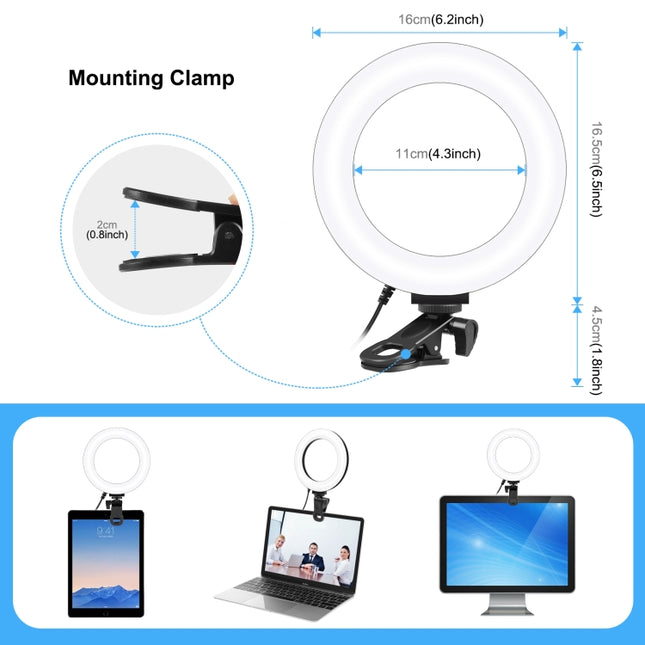 PULUZ 6.2 inch 16cm Ring Selfie Light 3 Modes USB Dimmable Dual Color Temperature LED Curved Vlogging Photography Video Lights with Monitor Clip Holder