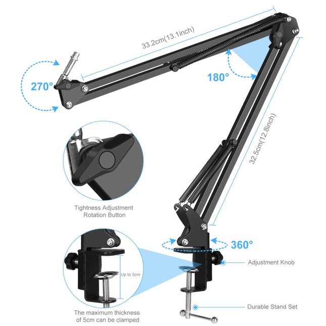 PULUZ Studio Broadcast Professional Singing Microphone Kits with Suspension Scissor Arm & Metal Shock Mount & USB Sound Card, Microphone Kits (Black), Microphone Kits (Silver)