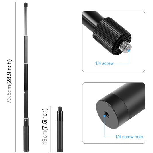 PULUZ 73.5cm Metal Selfie Stick Monopod with Invisible Adapter Base & Screw for Insta360 One RS / X2 / X3, 70cm Monopod