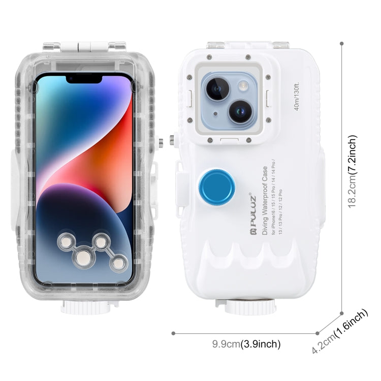 PULUZ 40m/130ft Waterproof Diving Case for iPhone 16 / 15 / 15 Pro / 14 / 14 Pro / 13 / 13 Pro / 12 / 12 Pro, with One-way Valve Photo Video Taking Underwater Housing Cover, For iPhone 14 / 14 Pro