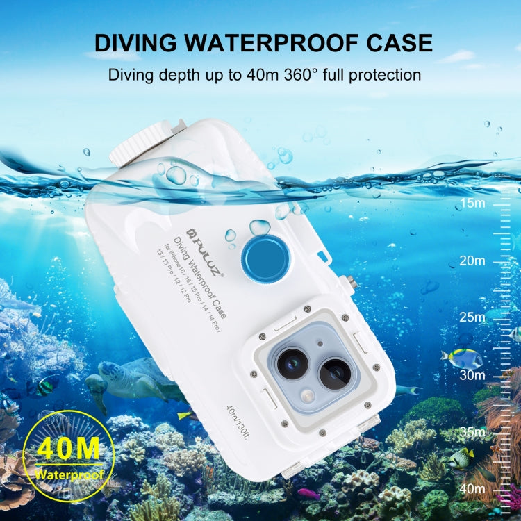 PULUZ 40m/130ft Waterproof Diving Case for iPhone 16 / 15 / 15 Pro / 14 / 14 Pro / 13 / 13 Pro / 12 / 12 Pro, with One-way Valve Photo Video Taking Underwater Housing Cover, For iPhone 14 / 14 Pro