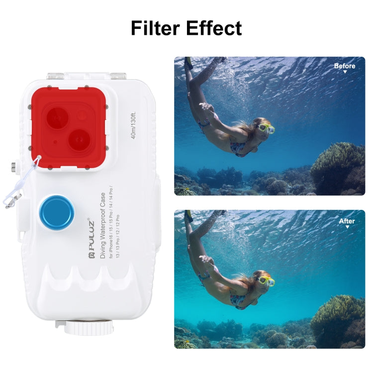 PULUZ 40m/130ft Waterproof Diving Case for iPhone 16 / 15 / 15 Pro / 14 / 14 Pro / 13 / 13 Pro / 12 / 12 Pro, with One-way Valve Photo Video Taking Underwater Housing Cover, For iPhone 14 / 14 Pro